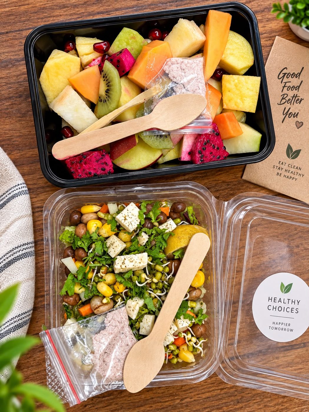 Healthy Diba fruit box and sprouts box packed with wooden spoons