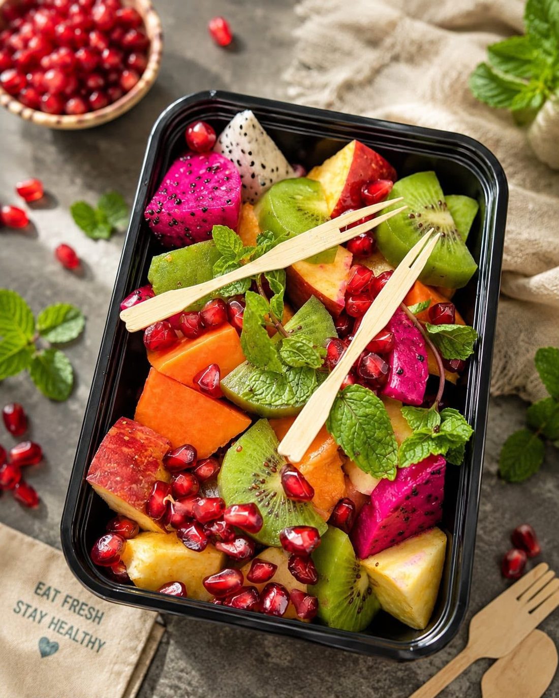 Exotic fruit box with dragon fruit, kiwi and pomegranate