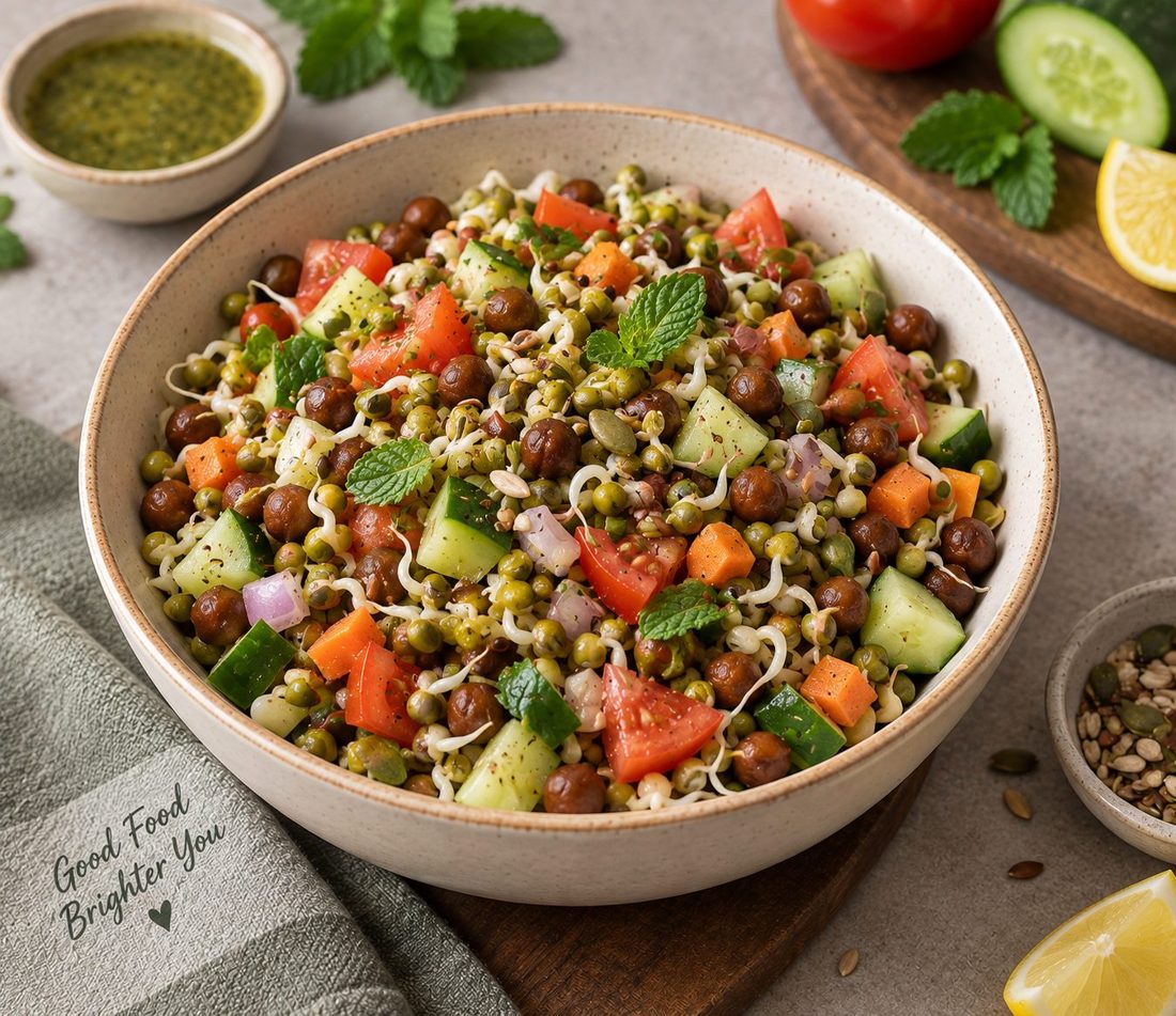 Fresh sprouts bowl with chana, tomato and cucumber